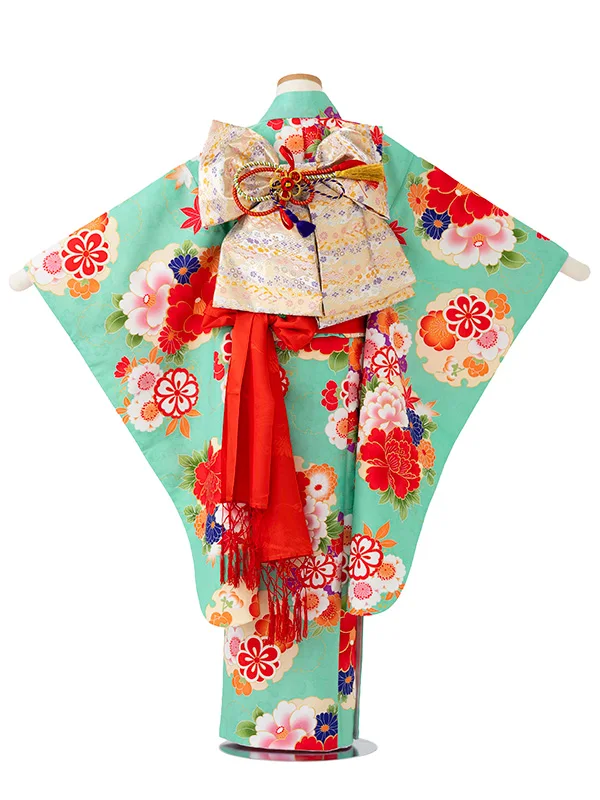 女児７才　小紋　椿　グリーン