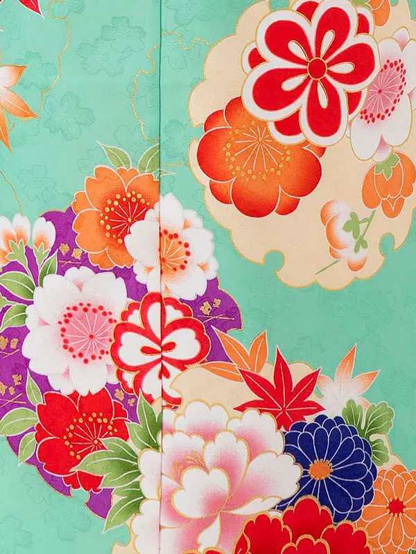 女児７才　小紋　椿　グリーン