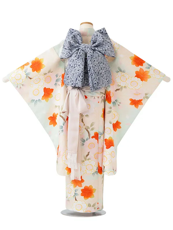 女児７才　小紋　桜もみじ　薄グリーン