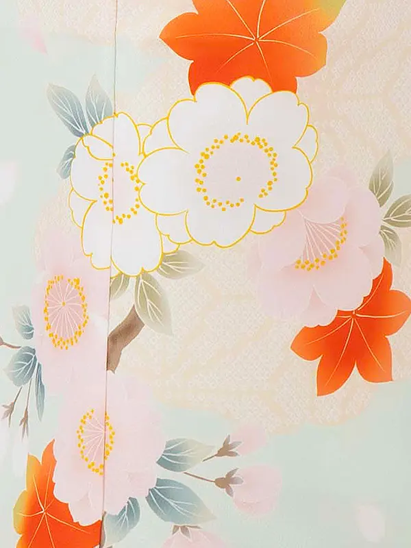 女児７才　小紋　桜もみじ　薄グリーン