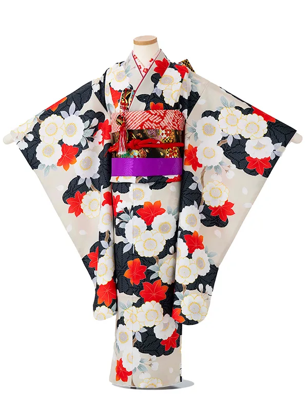 女児７才　小紋　桜もみじ　ベージュ