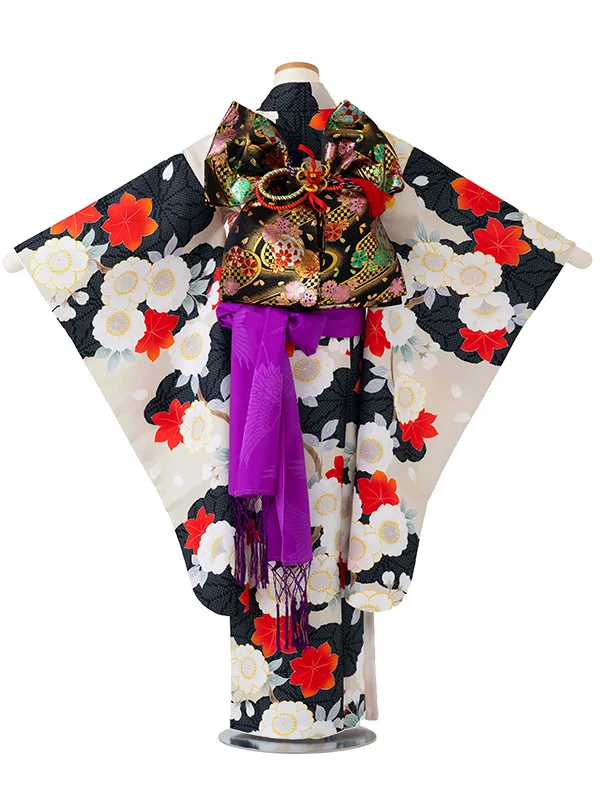 女児７才　小紋　桜もみじ　ベージュ