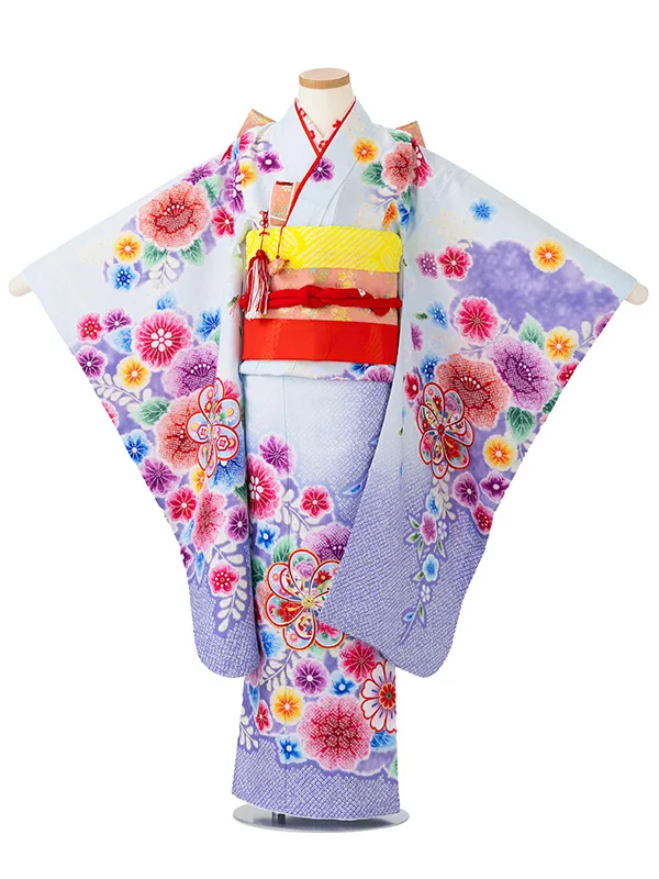 女児７才　【刺繍】辻が花　ねじり梅　ブルー