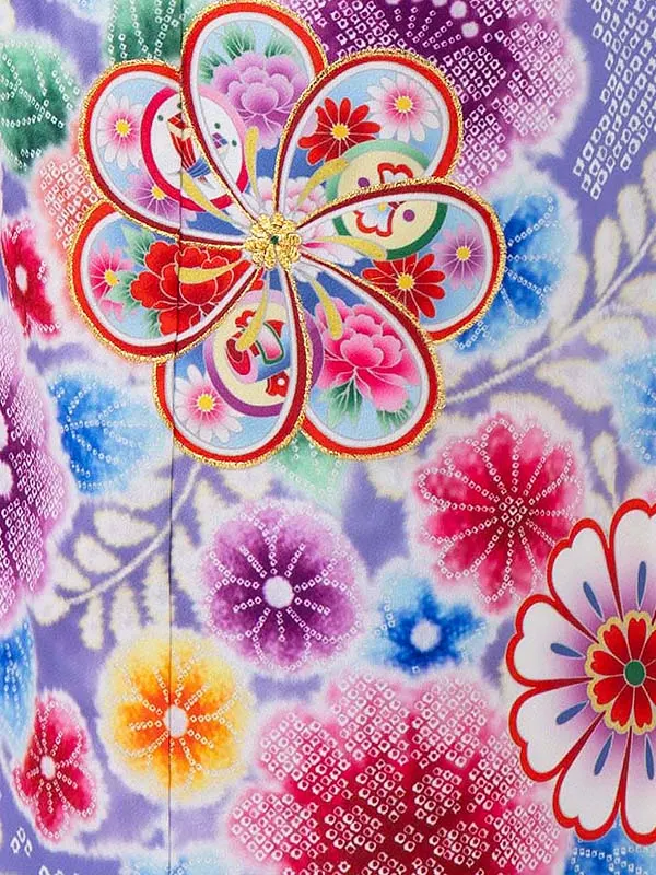 女児７才　【刺繍】辻が花　ねじり梅　ブルー