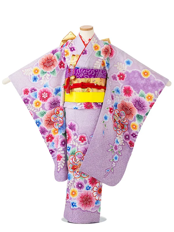 女児７才　【刺繍】辻が花　ねじり梅　藤色