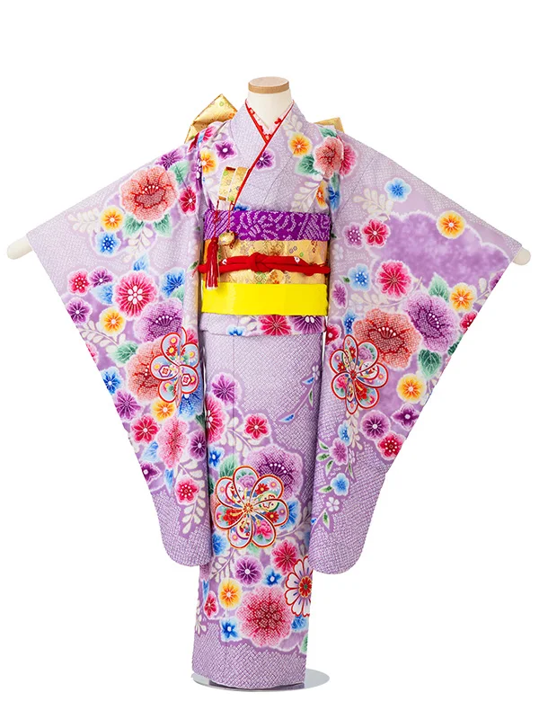 女児７才　【刺繍】辻が花　ねじり梅　藤色