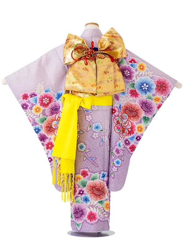 女児７才　【刺繍】辻が花　ねじり梅　藤色
