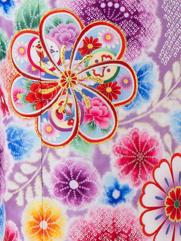 女児７才　【刺繍】辻が花　ねじり梅　藤色