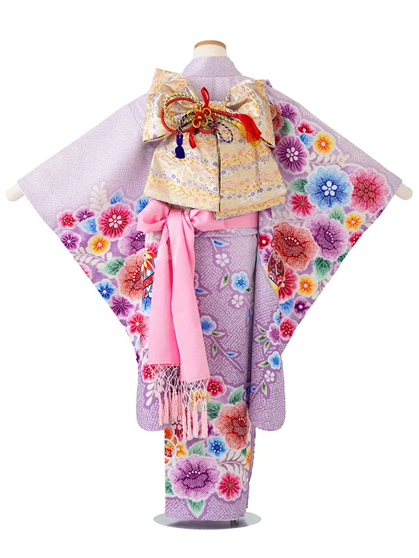 女児７才　【刺繍】辻が花　鈴　藤色