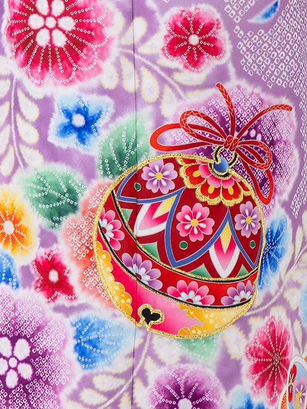 女児７才　【刺繍】辻が花　鈴　藤色