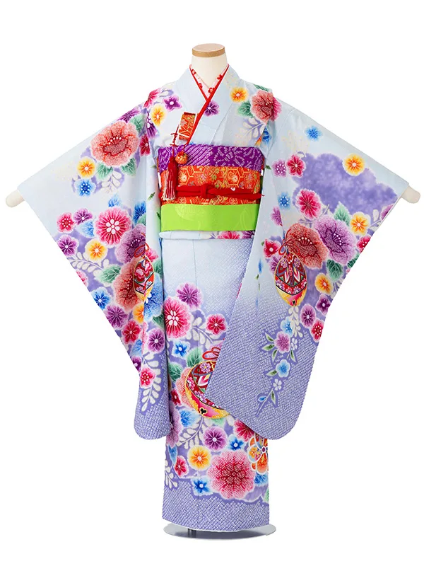 女児７才　【刺繍】辻が花　鈴　ブルー