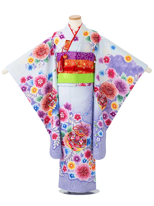 女児７才　【刺繍】辻が花　鈴　ブルー