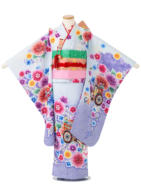 女児７才　【刺繍】辻が花　御所車　ブルー