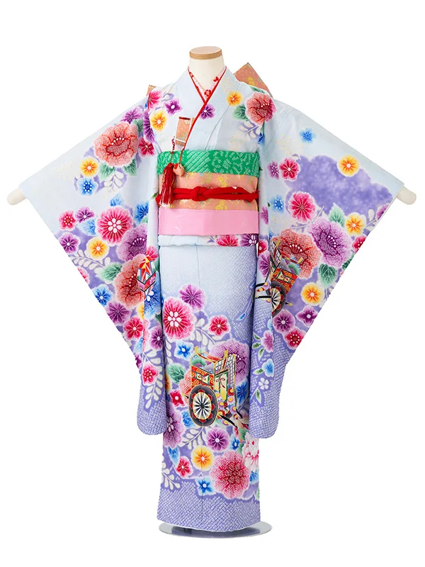 女児７才　【刺繍】辻が花　御所車　ブルー
