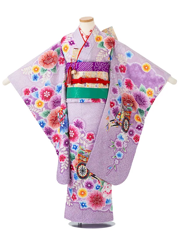 女児７才　【刺繍】辻が花　御所車　藤色