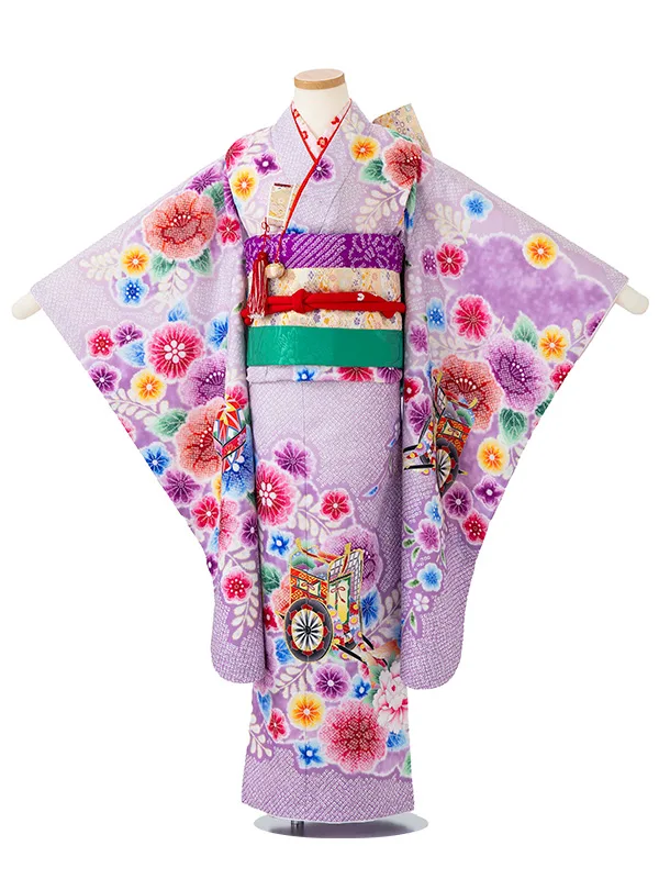女児７才　【刺繍】辻が花　御所車　藤色