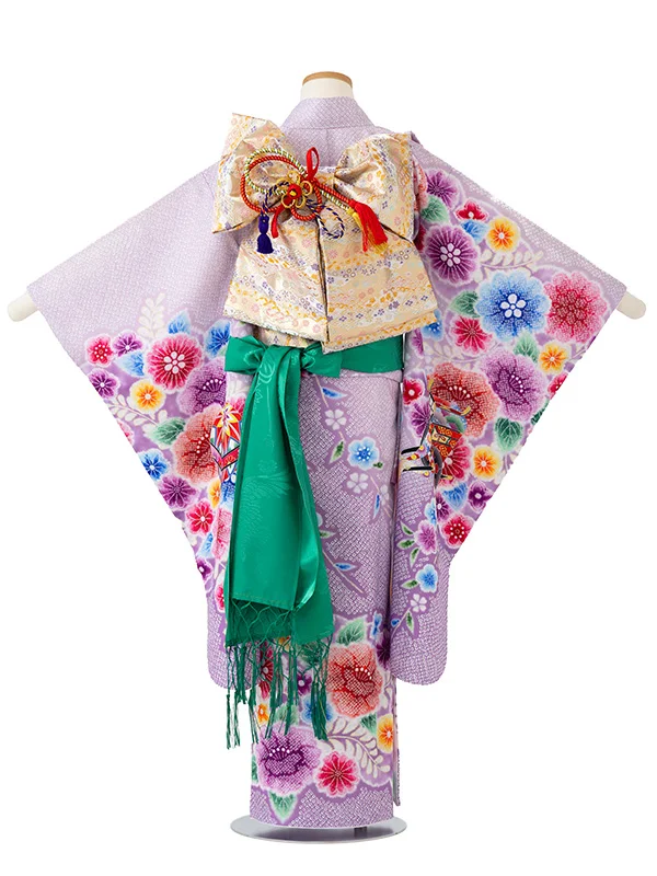 女児７才　【刺繍】辻が花　御所車　藤色