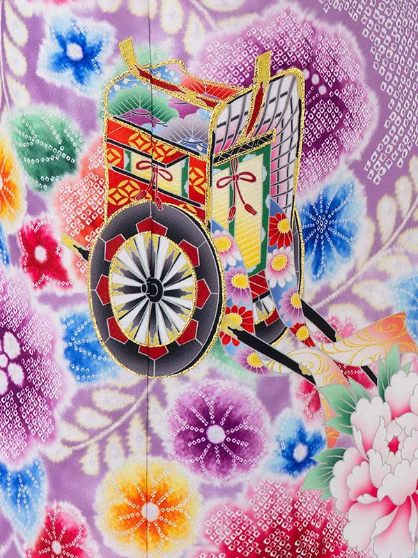 女児７才　【刺繍】辻が花　御所車　藤色