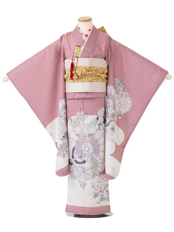 女児７才【絵羽】ツルに菊　くすみピンク