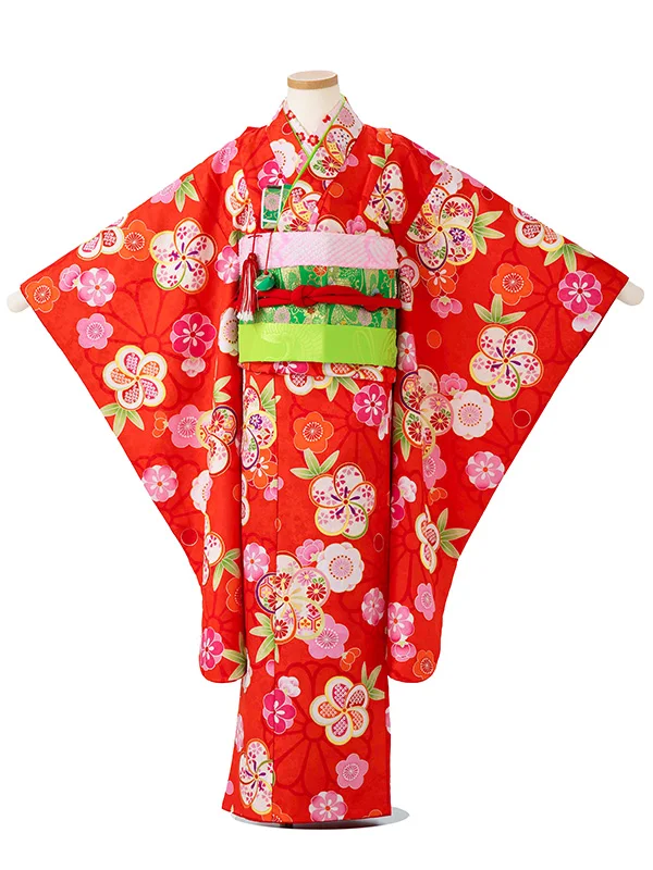 女児７才　小紋　ねじり梅　赤