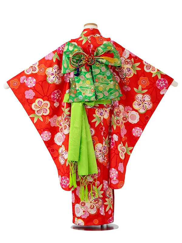 女児７才　小紋　ねじり梅　赤