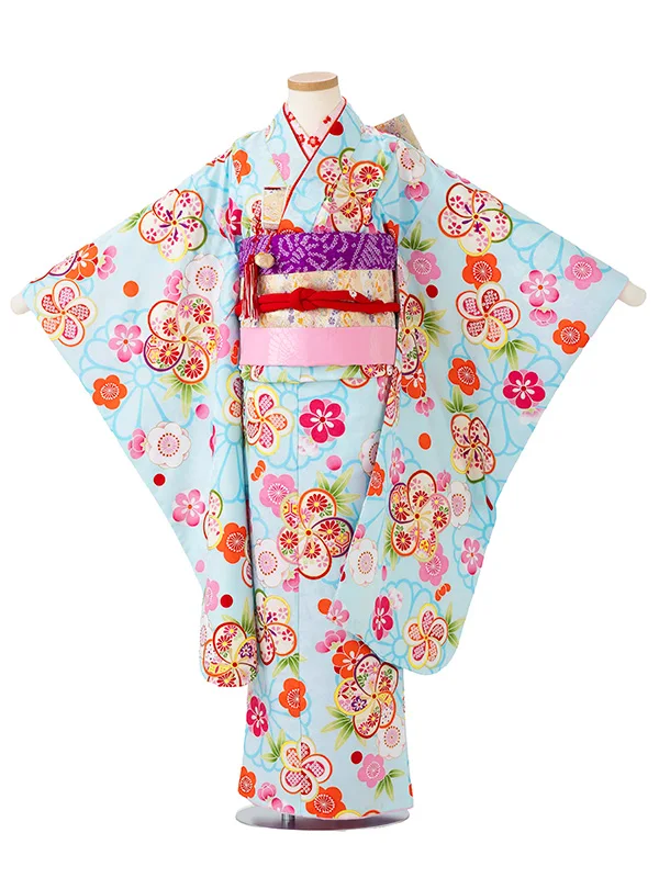 女児７才　小紋　ねじり梅　ブルー