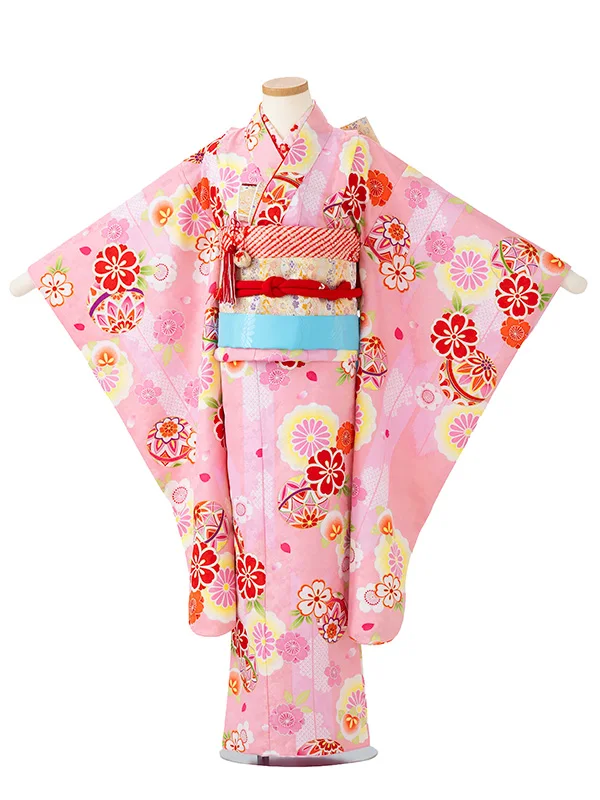 女児７才　小紋　まりに矢絣　ピンク