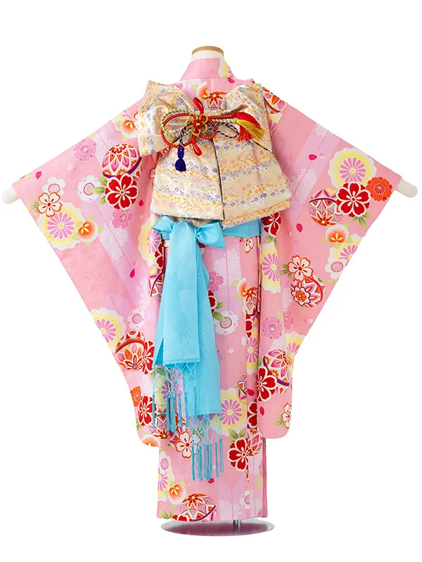 女児７才　小紋　まりに矢絣　ピンク