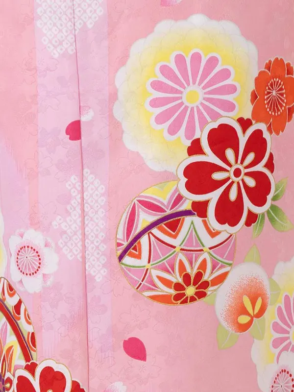 女児７才　小紋　まりに矢絣　ピンク