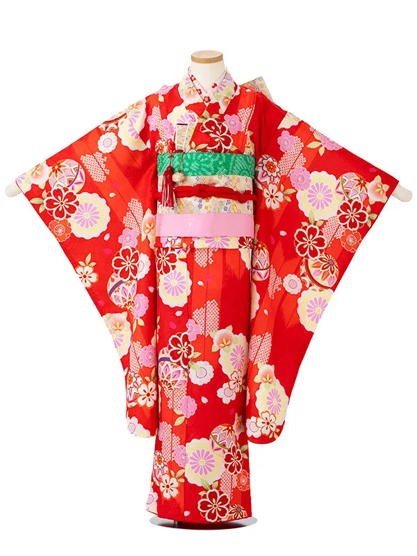 女児７才　小紋　まりに矢絣　赤