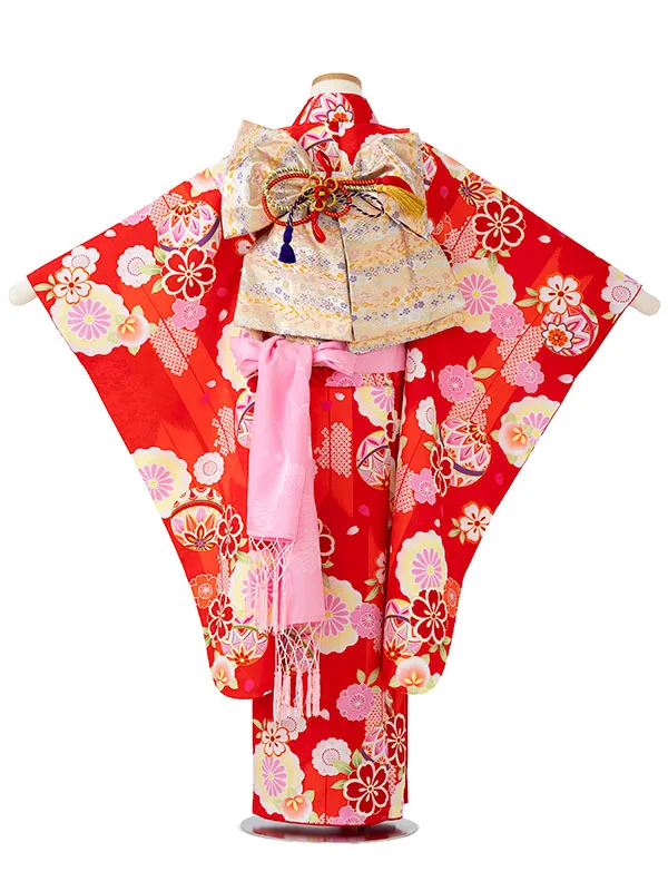 女児７才　小紋　まりに矢絣　赤