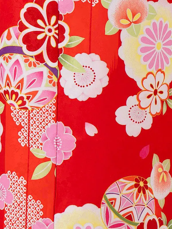 女児７才　小紋　まりに矢絣　赤