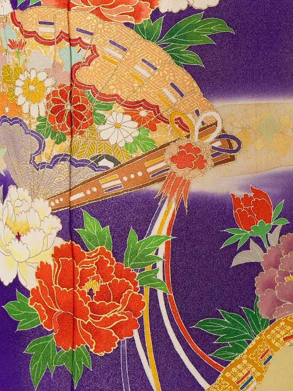 【正絹】【手描友禅】扇面にぼたん　パープル