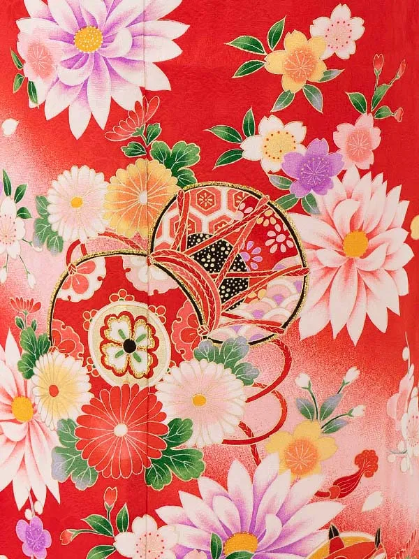 【正絹】【刺繍】鼓にダリア　赤