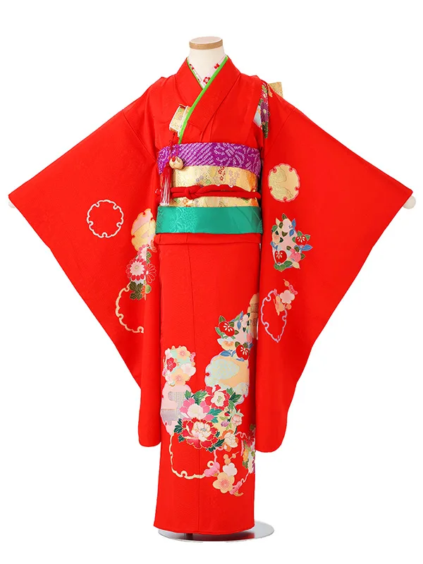 【正絹】【手描友禅】【刺繍】ぼたんに雪輪　赤