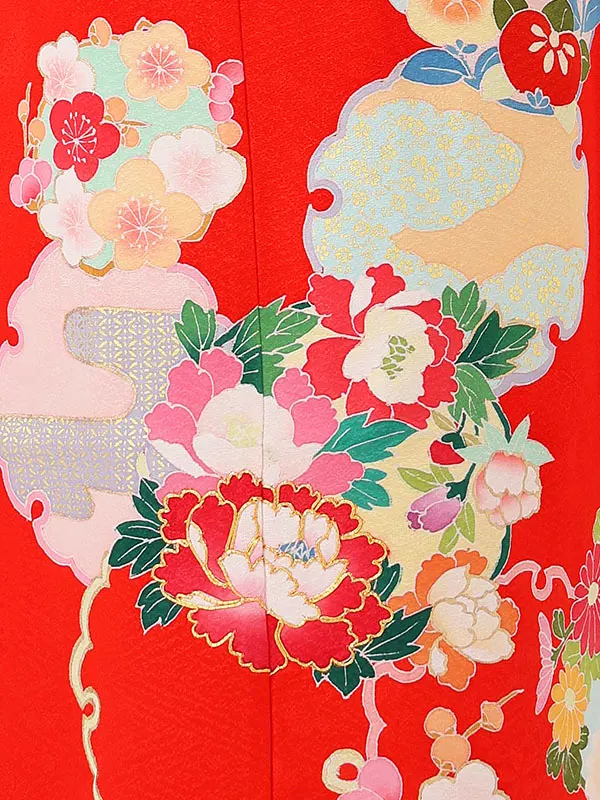 【正絹】【手描友禅】【刺繍】ぼたんに雪輪　赤