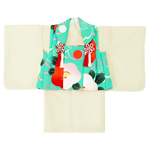 女児ベビー着物　椿　エメラルドグリーン