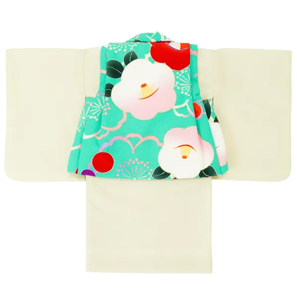 女児ベビー着物　椿　エメラルドグリーン