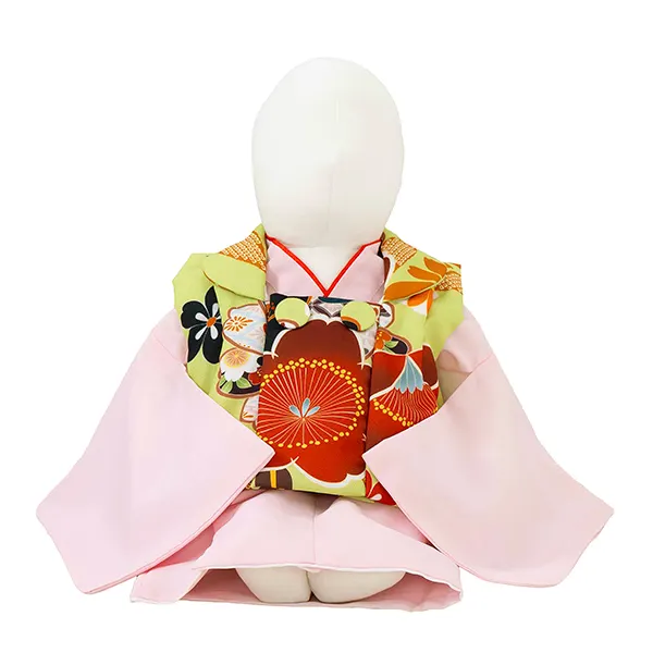 女児ベビー着物　椿　黄緑