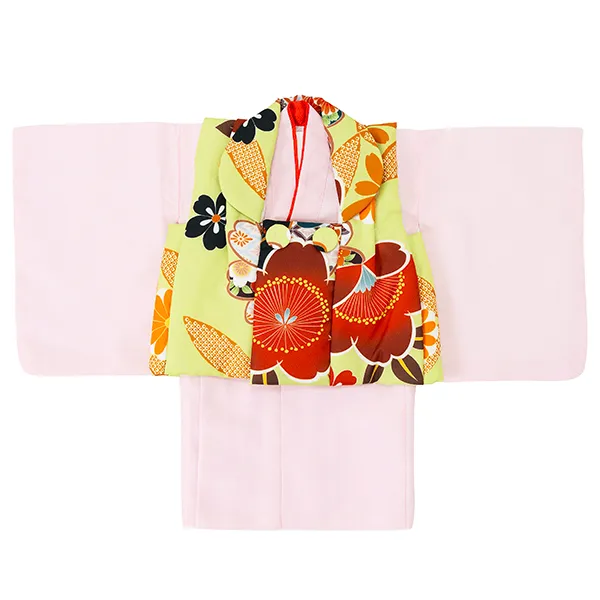 女児ベビー着物　椿　黄緑