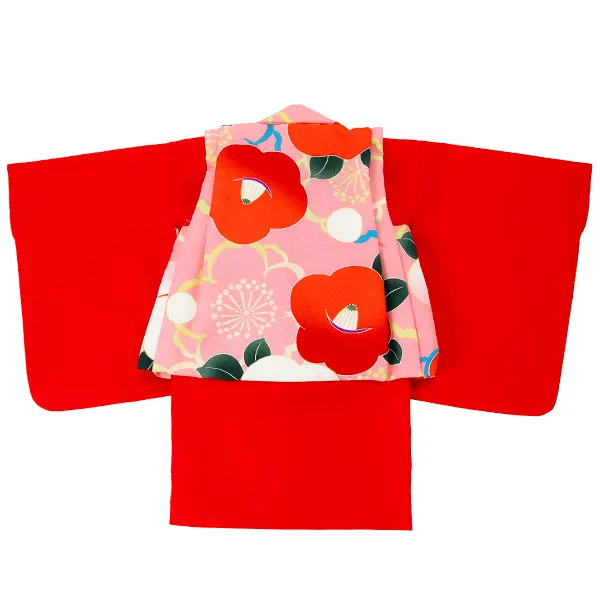 女児ベビー着物　椿　ピンク