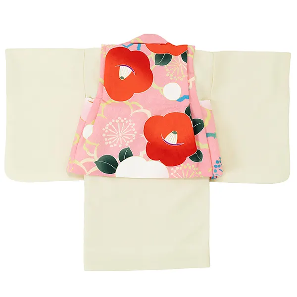 女児ベビー着物　椿　ピンク