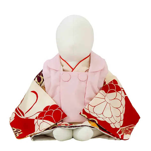 女児ベビー着物　染め分け菊　赤クリーム