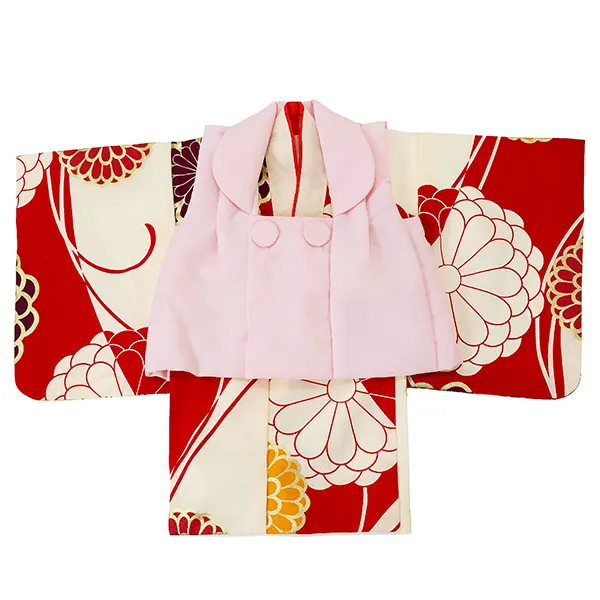女児ベビー着物　染め分け菊　赤クリーム