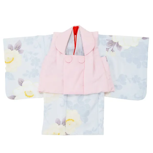 女児ベビー着物　ぼたんシルエット  薄ブルー