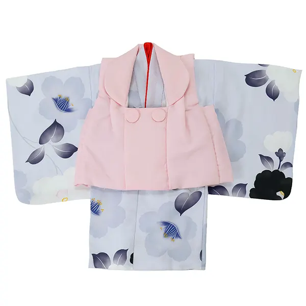 女児ベビー着物　椿シルエット　薄ブルー