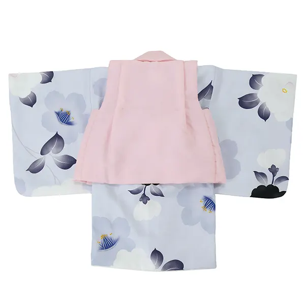 女児ベビー着物　椿シルエット　薄ブルー