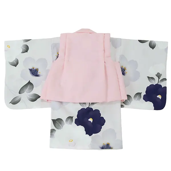 女児ベビー着物　椿シルエット　薄グレー