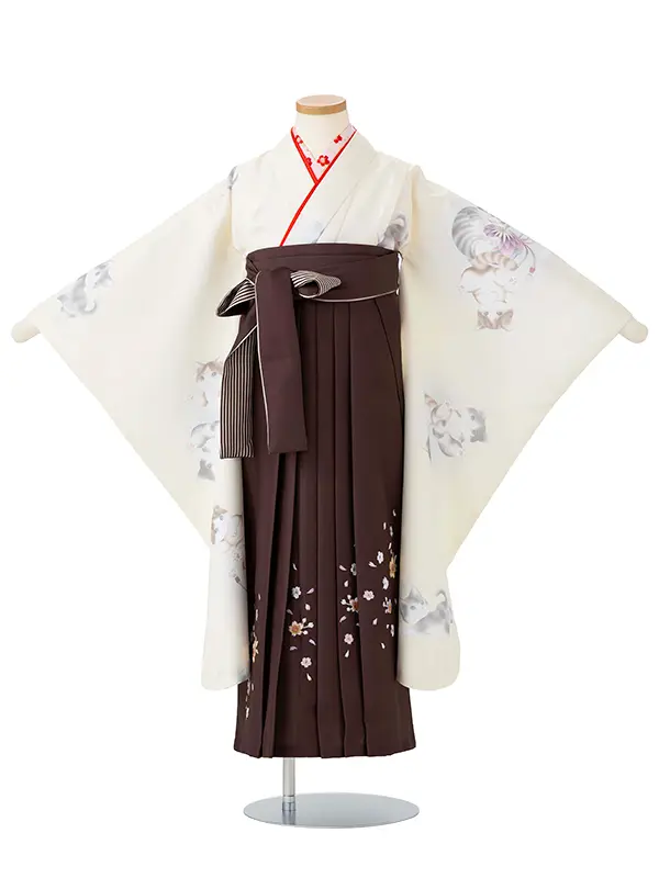 女児卒園袴【刺繍袴】小紋　猫　クリーム