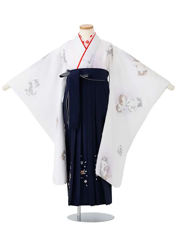 女児卒園袴【刺繍袴】小紋　猫　白